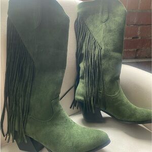 Never before worn Forest Green Cowboy boots with fringe.